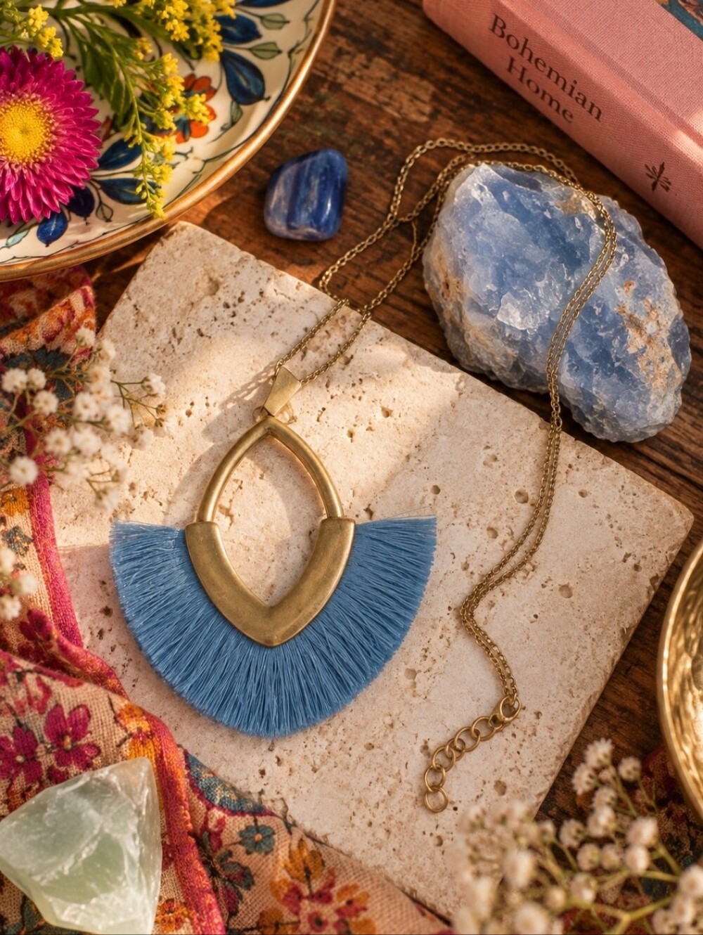 4/$15 Blue Fringe Tassel Statement Necklace | Gold Tone Boho 18" Chain
